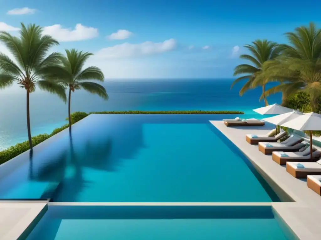 Resort de lujo: arquitectura moderna con vista al mar Un paraíso de Resorts de tiempo compartido de lujo con arquitectura moderna, piscina infinita y elegantes huéspedes disfrutando del sol y cócteles