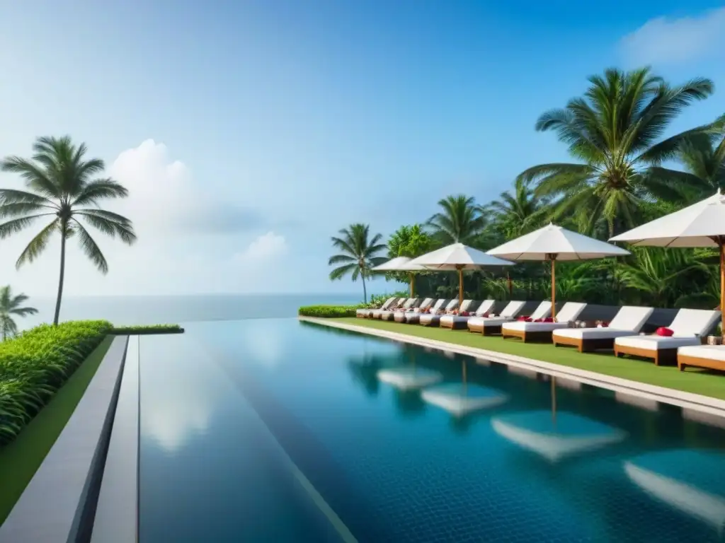 Resort de lujo en Asia: arquitectura moderna y exuberante paisajismo tropical Un paraíso de resorts de tiempo compartido de lujo en Asia con arquitectura moderna, piscinas infinitas y vistas al mar