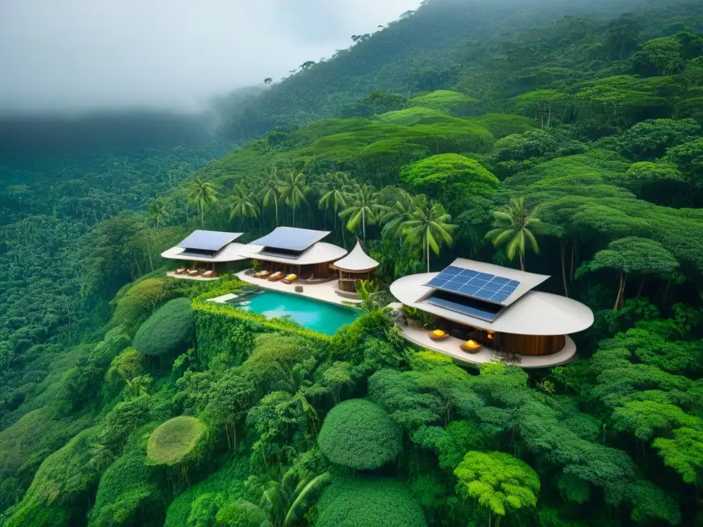 Resort ecológico de lujo en selva tropical Un paraíso sostenible: complejo turístico en la selva con arquitectura moderna y lujosas amenidades
