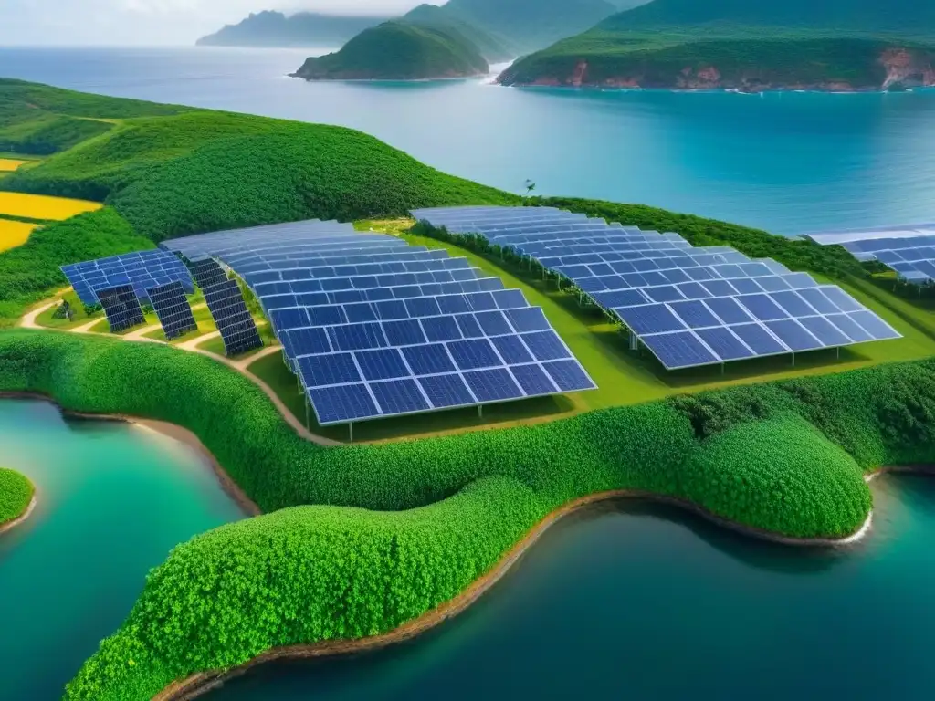 Paraíso sostenible: ecovilla verde junto al mar Un paraíso sostenible en ecovillas: arquitectura moderna, paneles solares, molinos de viento y granjas ecológicas junto al mar