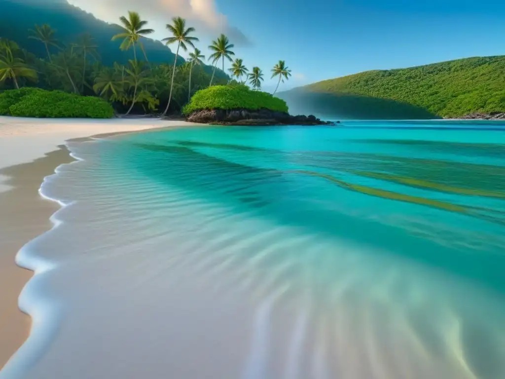 Paraíso eco-turístico: playa prístina con actividades sostenibles Un paraíso sostenible: playa cristalina, palmeras verdes, arrecifes de coral y turistas disfrutando actividades eco-friendly al atardecer