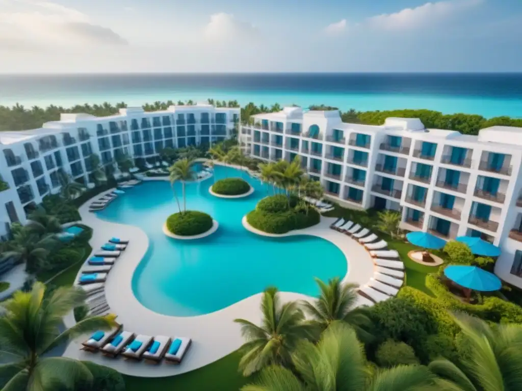 Resort de lujo en la playa: arquitectura elegante y aguas turquesas Un paraíso de tiempo compartido internacional con arquitectura elegante, piscinas relucientes y aguas turquesas cristalinas