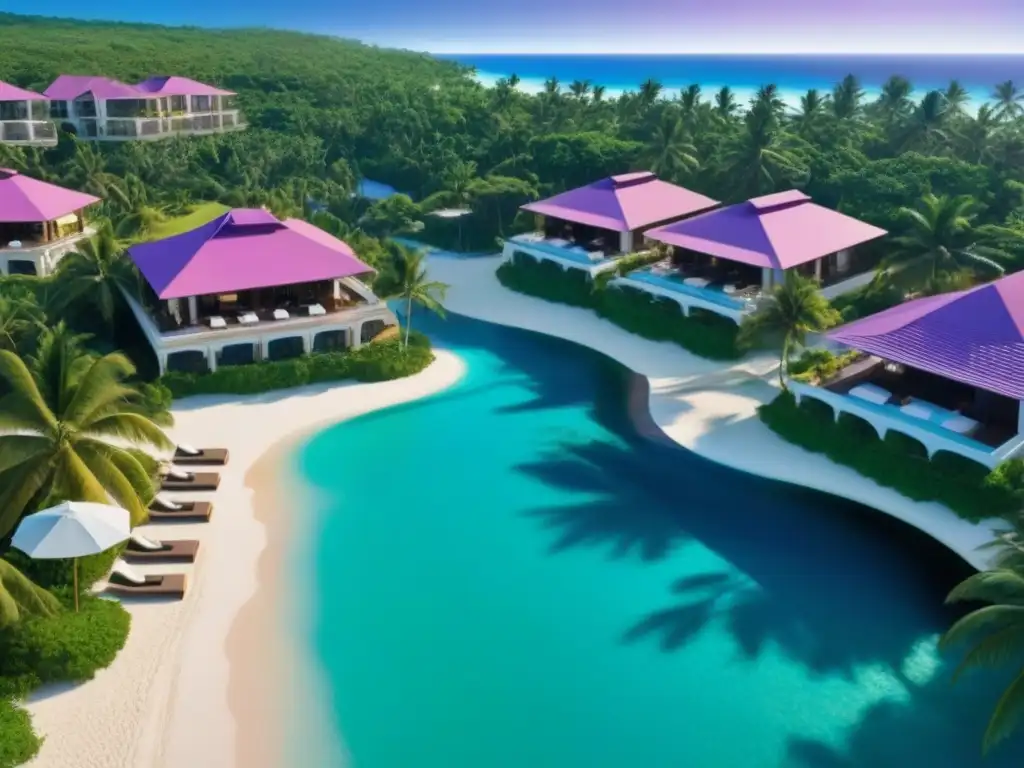 Paraíso tropical: resort de lujo con vistas aéreas impresionantes Un paraíso tropical emergente: lujoso resort con aguas turquesas, playas blancas, palmeras verdes y villas modernas con piscinas infinitas privadas