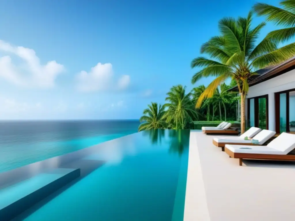 Resort de lujo frente al mar en paraíso tropical Un paraíso tropical de lujo con arquitectura moderna, aguas turquesas y una pareja disfrutando un cóctel en un balcón privado