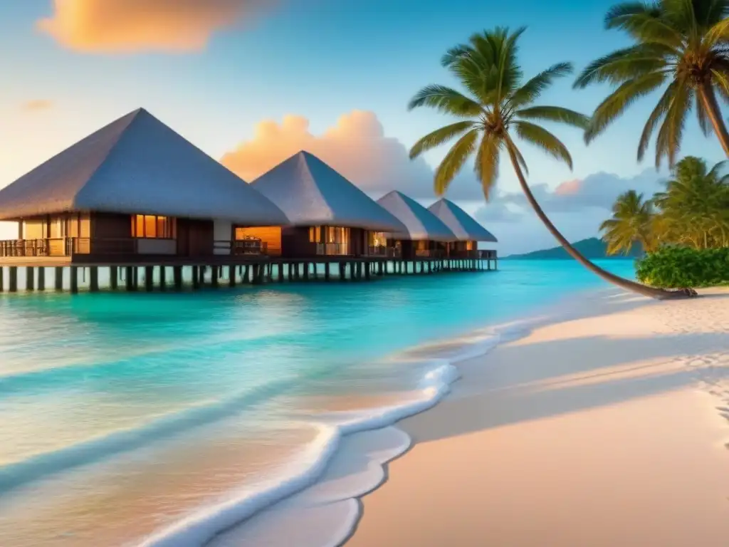 Paraíso de lujo: atardecer sereno en resort moderno Paraíso tropical de lujo con atardecer dorado sobre aguas turquesas y palmeras, villas exclusivas y playas blancas