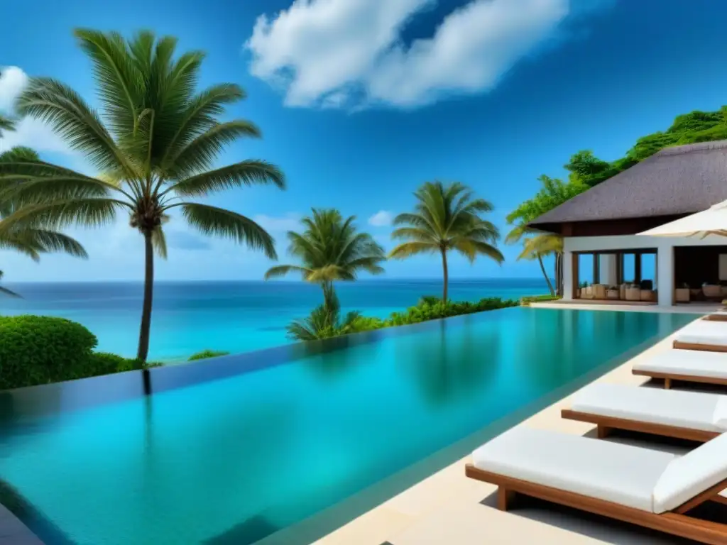 Paraíso tropical: resort de lujo frente al mar Un paraíso tropical de lujo con un moderno resort frente al mar, piscina infinita y cómodas áreas de descanso
