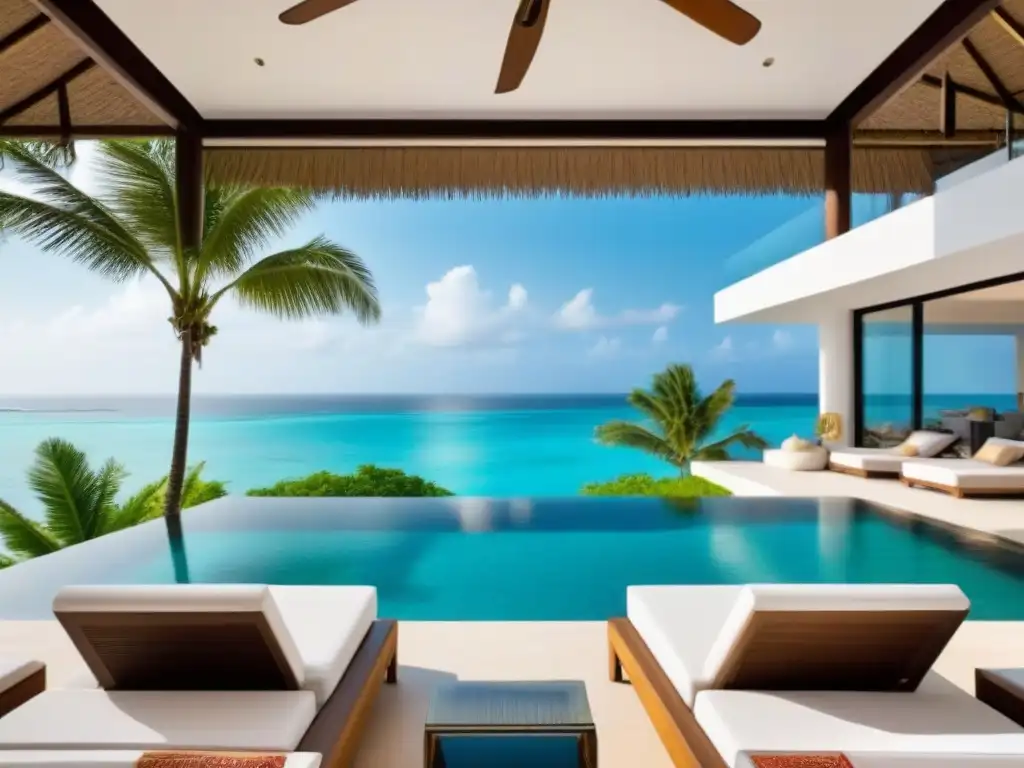 Paraíso tropical de lujo: villa moderna con atardecer dorado Un paraíso tropical de lujo con palmeras meciéndose en la brisa, aguas turquesas cristalinas y una villa moderna con ventanales