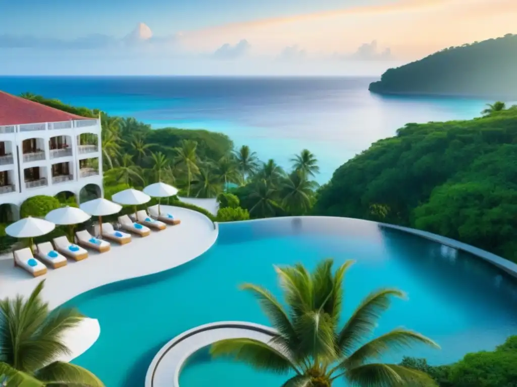 Resort de lujo frente al mar: atardecer idílico y piscina infinity Un paraíso tropical de lujo con piscina infinita y bar al aire libre, ideal para relajarse y evitar errores comunes mantenimiento tiempo compartido