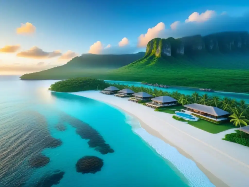 Paraíso tropical: resort de lujo frente al mar con atardecer dorado Un paraíso tropical con lujoso resort frente al mar para invertir en tiempo compartido internacional