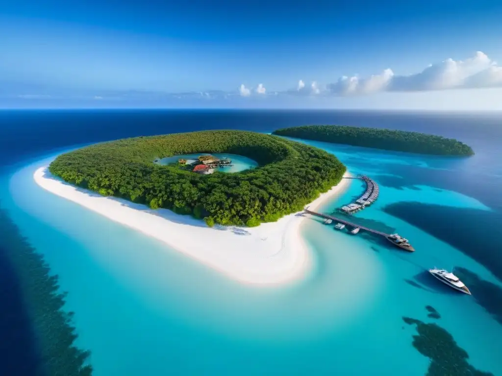 Paraíso Privado: Isla de Lujo con Villas Modernas Un paraíso tropical privado con villas de lujo y aguas turquesas, rodeado de naturaleza exuberante y una playa de arena blanca