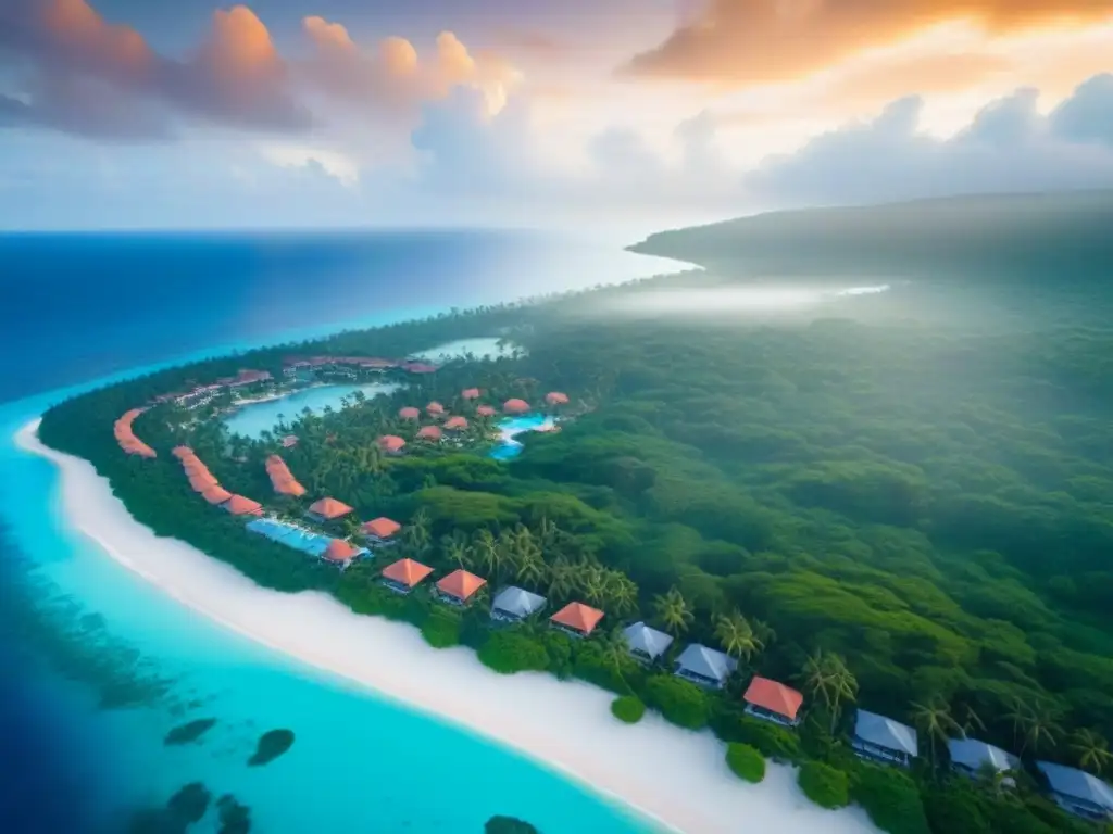 Paraíso tropical amenazado: vista aérea deslumbrante Un paraíso tropical con villas de tiempo compartido, playas de aguas turquesa y arrecifes de coral, amenazado por riesgos climáticos