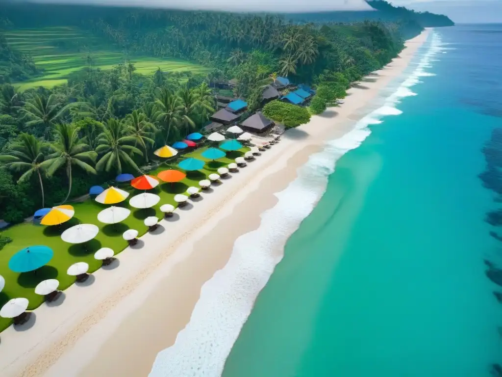 Playa paradisíaca en Bali: vacaciones tropicales Un paraíso vacacional en Bali con aguas turquesas y palmeras, ideal para alquiler vacacional internacional
