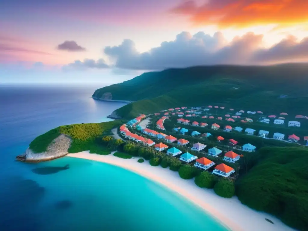 Paraíso costero: atardecer dorado en pueblo vacacional Un paraíso vacacional con alquileres vacacionales internacionales en una ciudad costera vibrante, con aguas turquesas y atardecer dorado