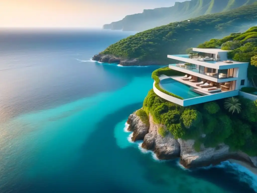 Villa de lujo con piscina infinita en acantilado Un paraíso vacacional de lujo en un acantilado con vista a un océano turquesa