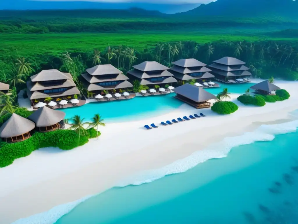 Paraíso playero de lujo: villas, piscinas infinity y aguas cristalinas Paraíso vacacional de lujo con aguas turquesas, playas blancas, palmeras y villas de lujo