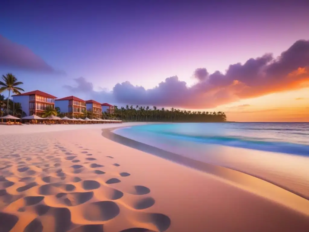 Resort de lujo al atardecer: escapada idílica en la playa Un paraíso vacacional de lujo en un atardecer idílico en la playa