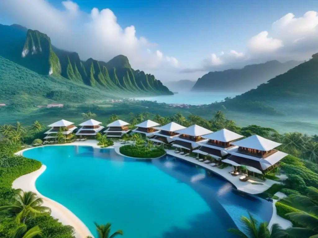Paraíso tropical: Resort de lujo entre aguas turquesa y selva exuberante Un paraíso vacacional de lujo entre exuberante vegetación tropical y aguas turquesa, con villas elegantes, playas y montañas bajo cielo azul