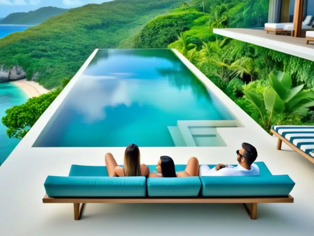 Escapada de lujo: Diversión y relax en paraíso tropical Un paraíso vacacional de lujo: grupo diverso disfruta de alquileres vacacionales en redes sociales impacto