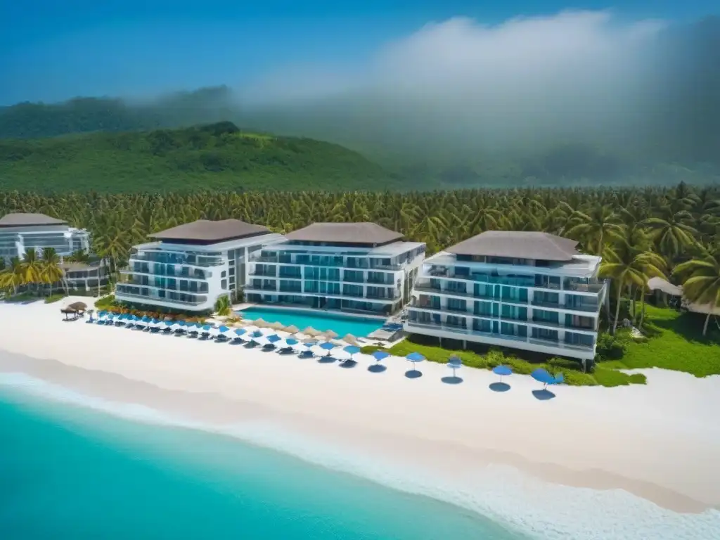 Resort de lujo frente al mar: brisa, playa y relax en paraíso Un paraíso vacacional de lujo junto al mar, con aguas turquesas, playas de arena blanca y palmeras