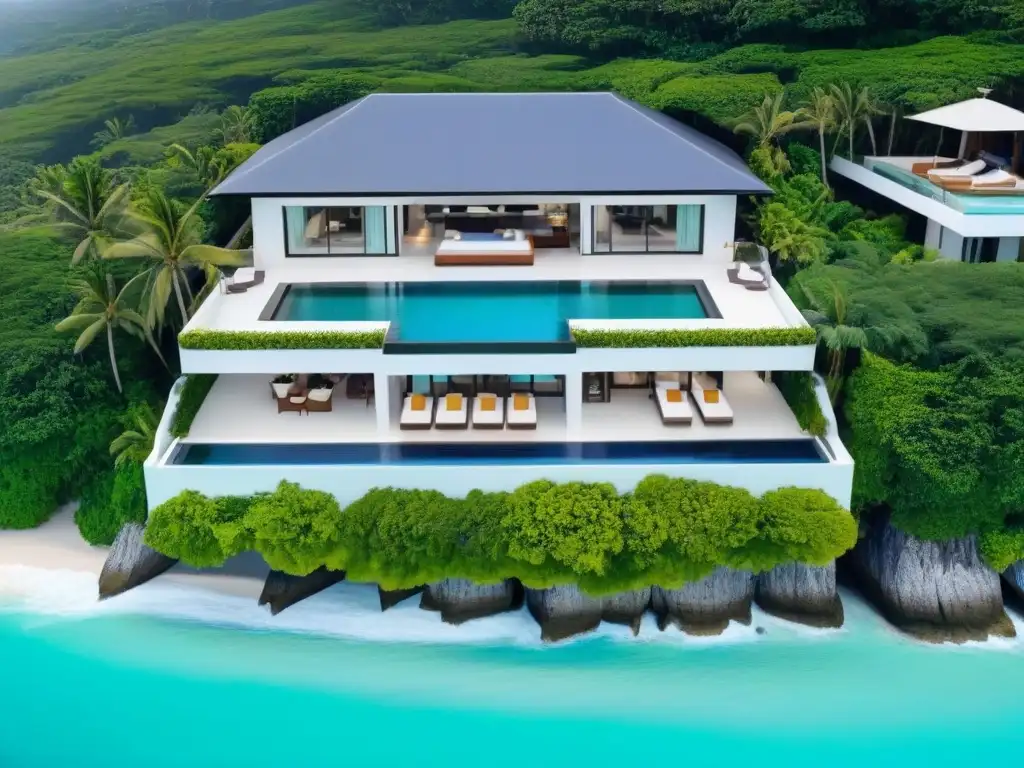 Villa de lujo con piscina infinita y vistas al mar Un paraíso vacacional de lujo frente al mar turquesa, rodeado de naturaleza exuberante y palmeras