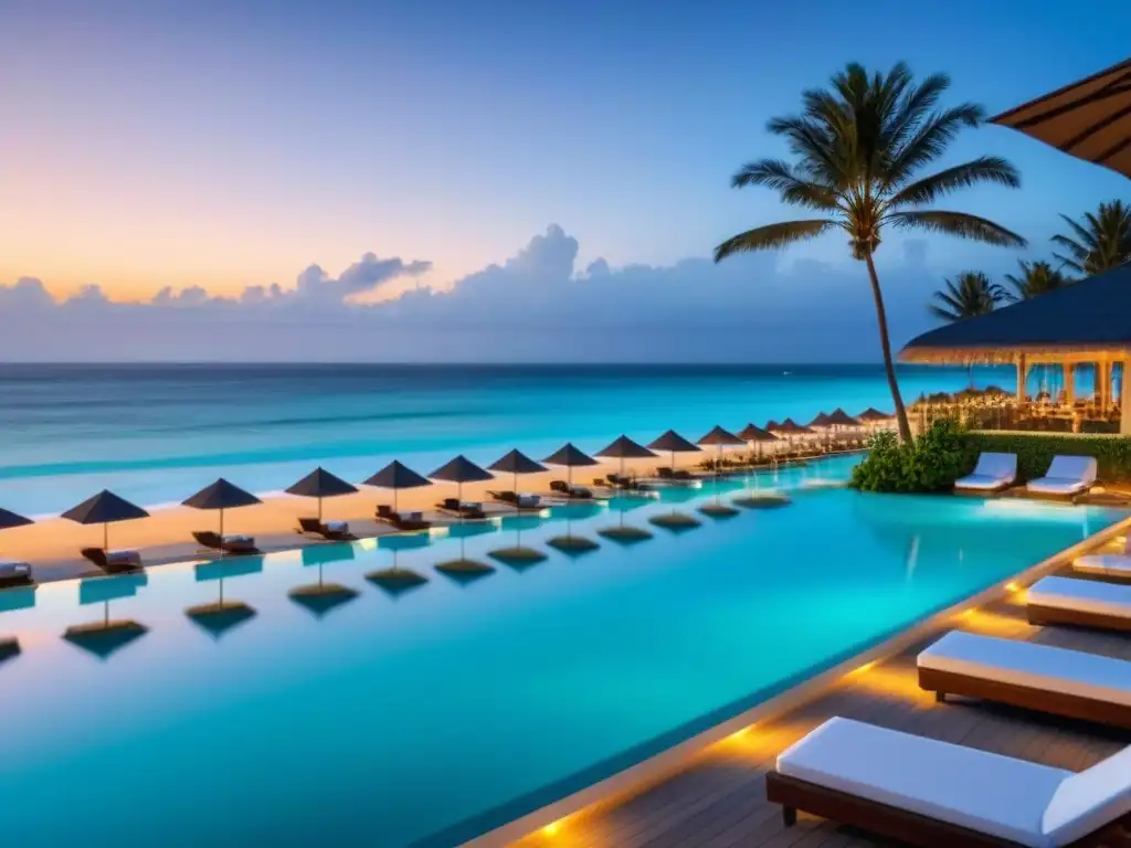 Resort de lujo frente al mar: relax y belleza en un paraíso turquesa Un paraíso vacacional de lujo con palmeras meciéndose en la brisa, aguas turquesas y un atardecer dorado