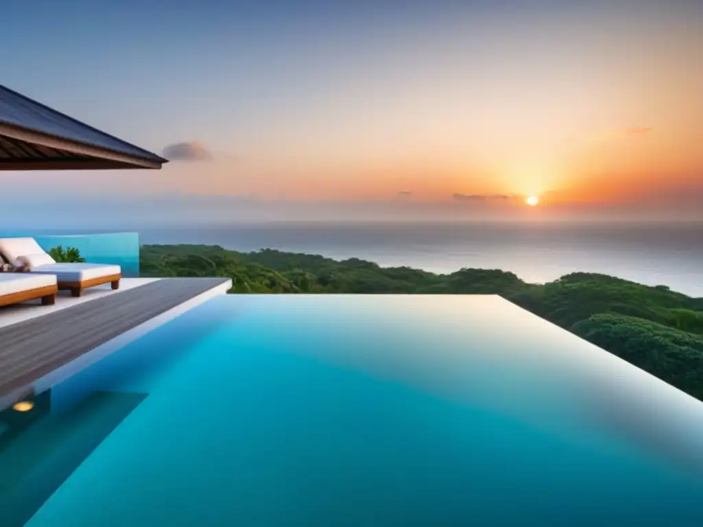 Propiedad de lujo con infinity pool y vista al mar Un paraíso vacacional de lujo con piscina infinita y vista al mar turquesa al atardecer, ideal para estrategias alquileres vacacionales corto plazo
