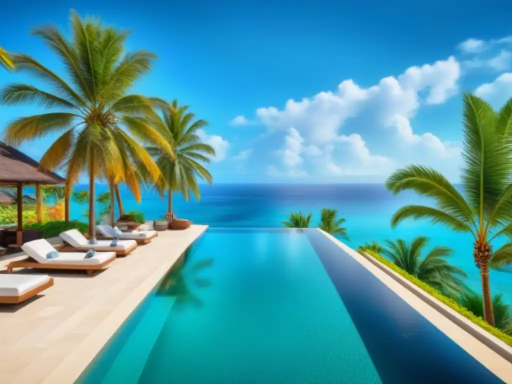 Paraíso tropical: resort de lujo con infinity pool y mar turquesa Un paraíso vacacional de lujo con piscina infinita y vista al mar turquesa, rodeado de palmeras verdes y cómodas tumbonas