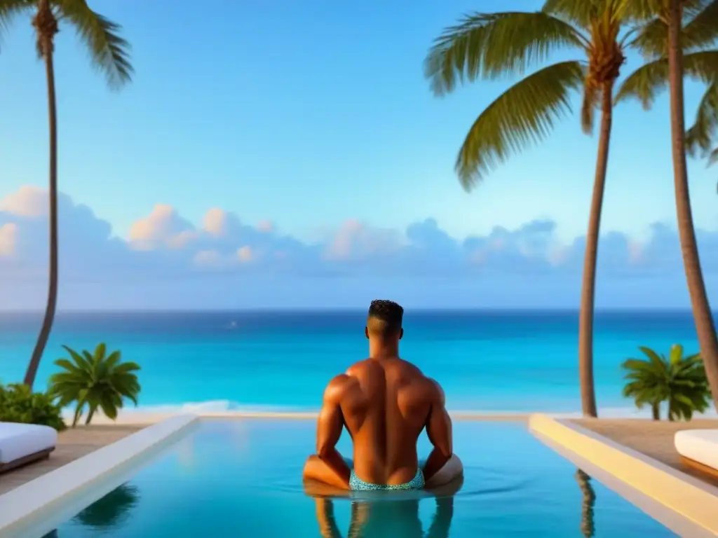 Propiedad vacacional de lujo frente a la playa con piscina infinita y atardecer dorado Un paraíso vacacional de lujo con piscina infinita y vista al mar turquesa, rodeado de palmeras y toallas blancas en las tumbonas