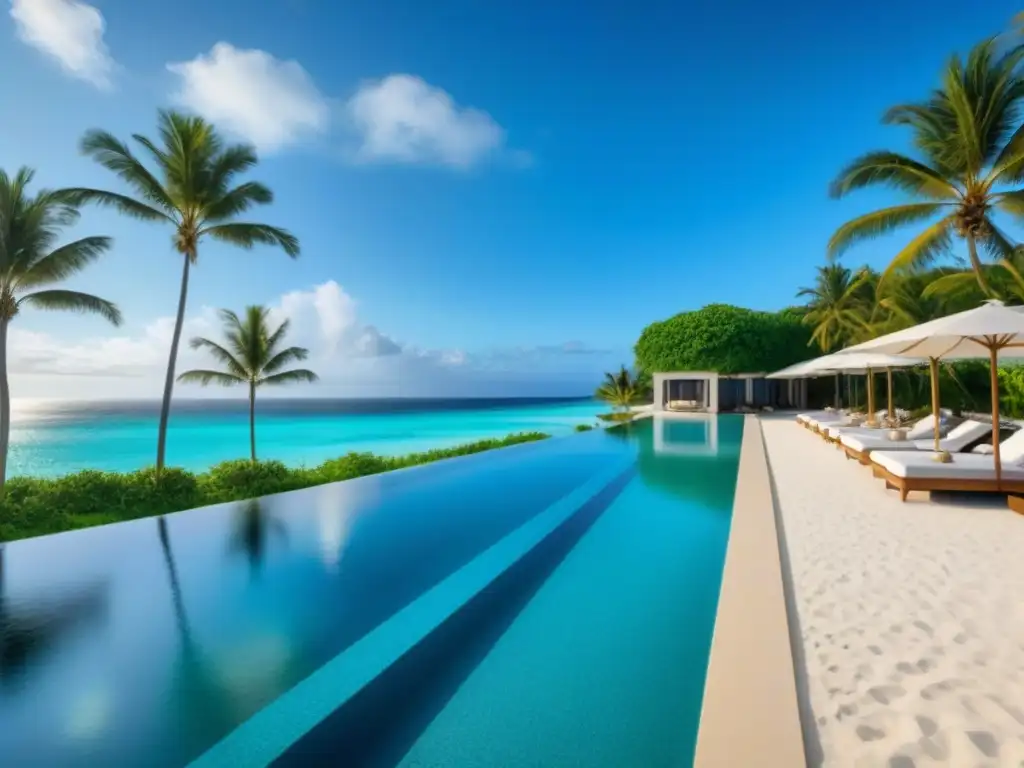 Paraíso costero de lujo: resort moderno junto al mar Un paraíso vacacional de lujo con playa, palmeras y aguas turquesas, ideal para protección legal propiedad tiempo compartido