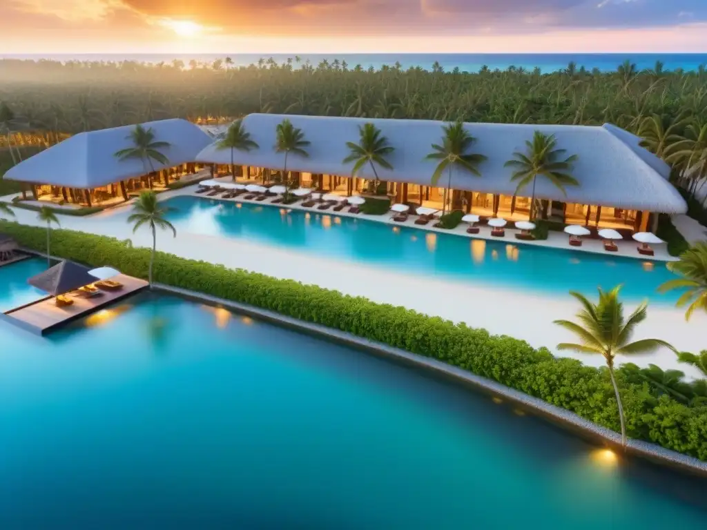 Resort de lujo en la playa: atardecer idílico y relax exclusivo Un paraíso vacacional de lujo en tiempo compartido con aguas turquesas, playas blancas y arquitectura moderna, bajo la luz dorada del atardecer