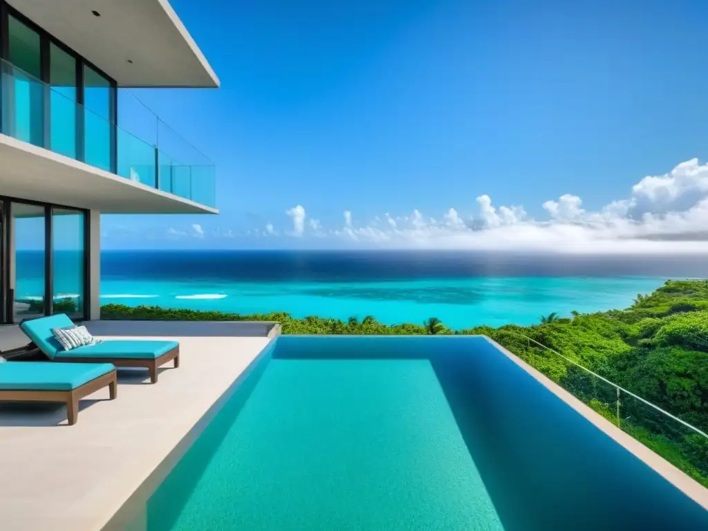 puesta en escena: alquiler vacacional moderno con vistas al mar Un paraíso vacacional moderno con vista al mar turquesa y playa blanca, ideal para estrategias alquileres vacacionales corto plazo