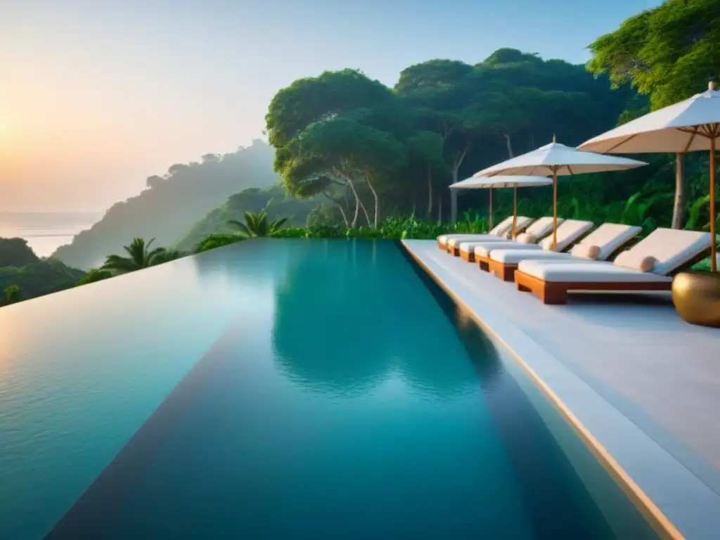 Resort de lujo con piscina infinita y playa dorada Un paraíso de vacaciones de lujo con arquitectura moderna y exuberante vegetación, piscina infinita cristalina con vista a la playa