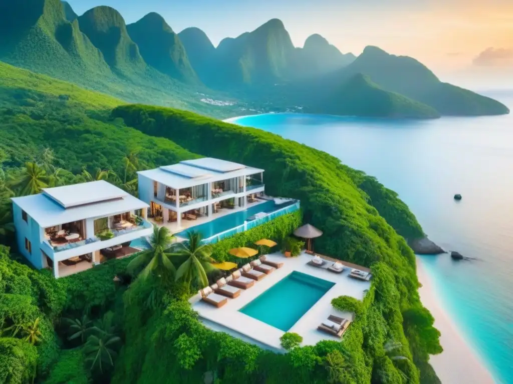 Paraíso vacacional: resort de lujo entre montañas y mar turquesa Un paraíso de vacaciones de lujo entre montañas verdes y aguas turquesas, con arquitectura moderna integrada en la naturaleza