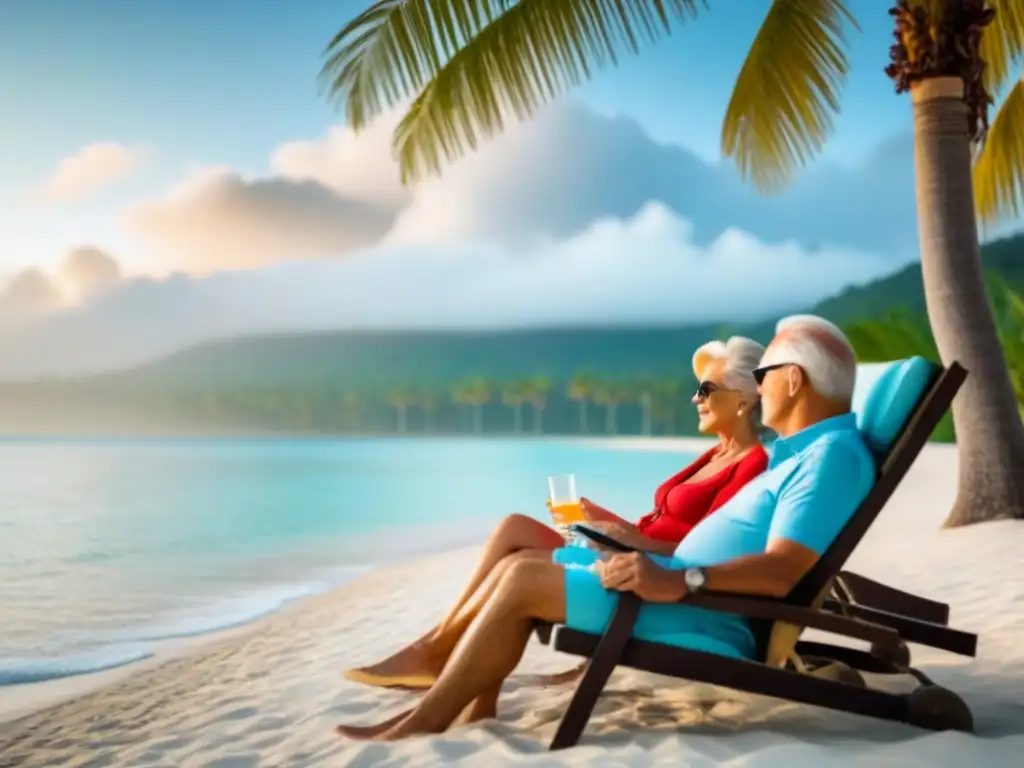 Retiro tranquilo: pareja disfruta del atardecer en resort de lujo Una pareja de ancianos relajándose en un lujoso resort frente a la playa al atardecer, disfrutando juntos de una vida de retiro tranquila y feliz