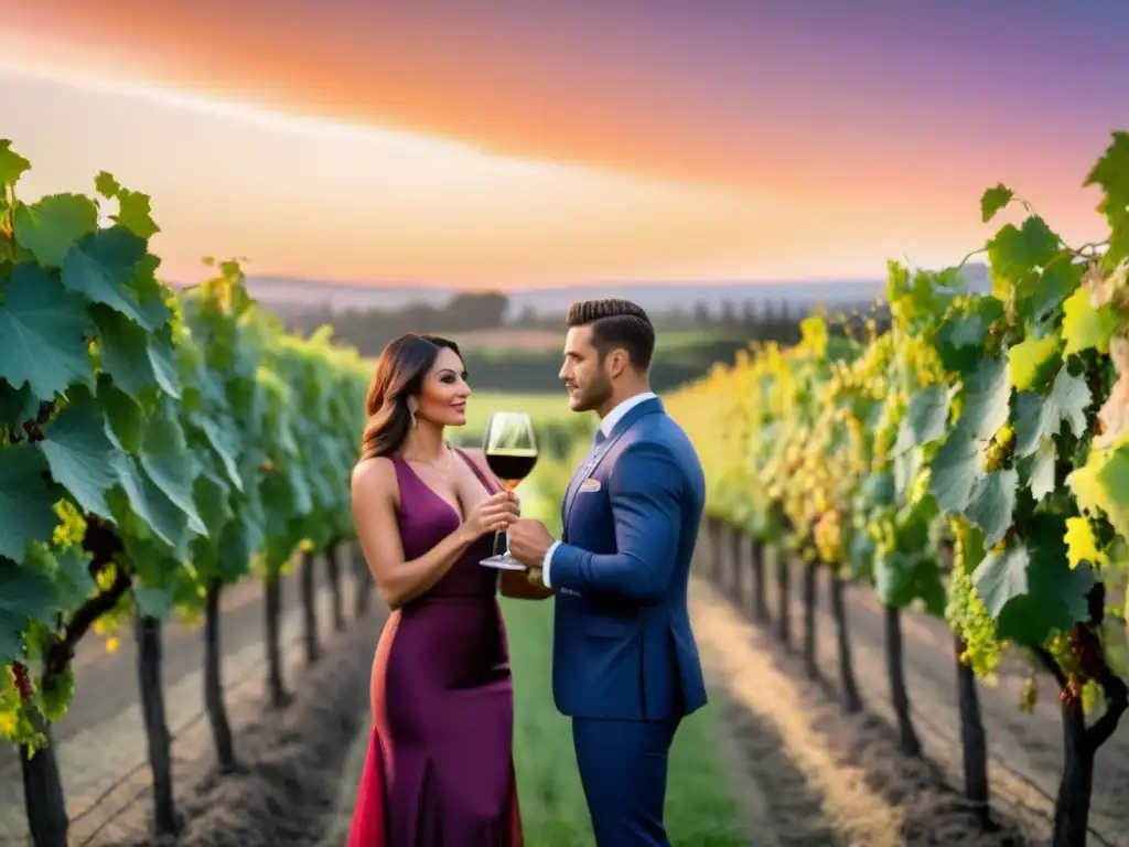 Atardecer en viñedo: pasión por el vino y los negocios Una pareja elegante conversa en un viñedo al atardecer, con un impresionante paisaje de viñedos y bodega moderna