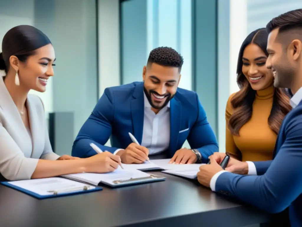Firma de hipoteca multicultural en banco moderno Una pareja firma felices hipotecas con diverso equipo en moderna oficina bancaria