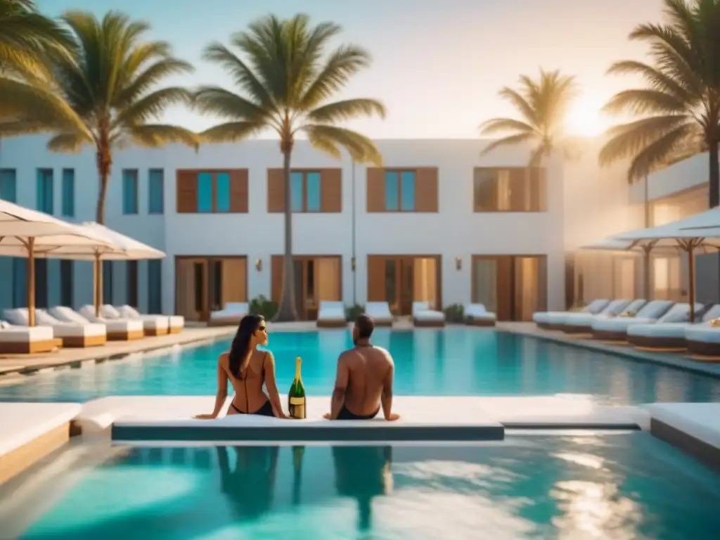 Resort de lujo frente al mar con piscina infinita y atardecer dorado Pareja disfruta de lujo en resort frente al mar con piscina infinita, rodeado de palmeras y toallas
