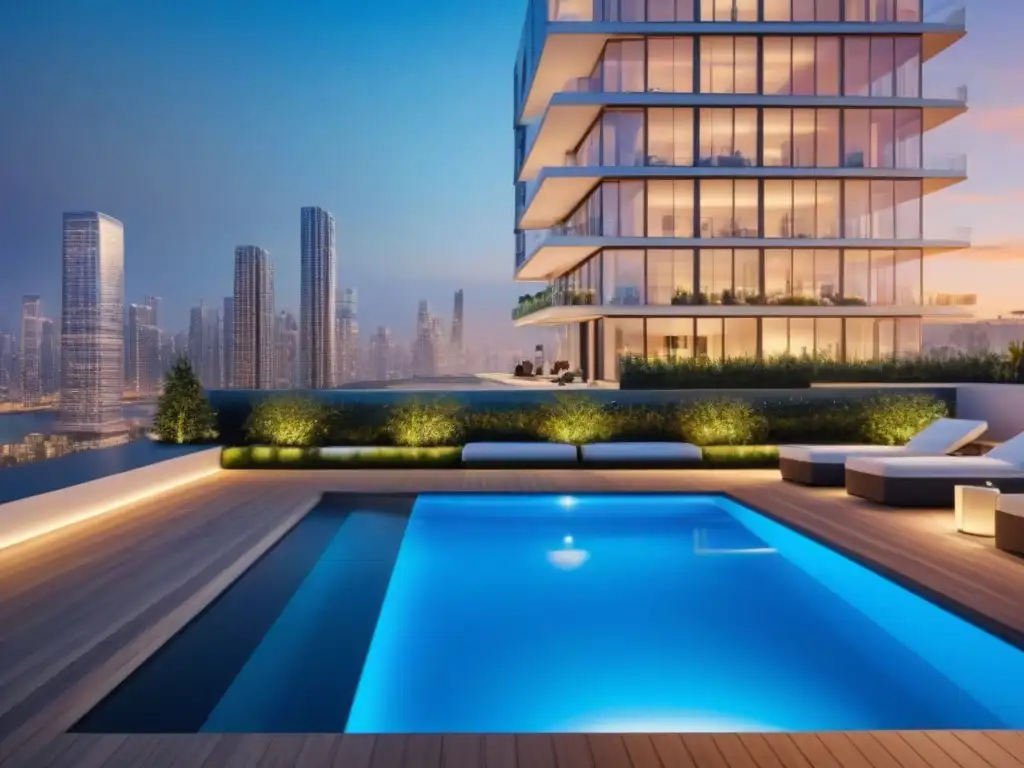 Una pareja en realidad virtual explora un moderno complejo inmobiliario al anochecer, reflejando la ciudad