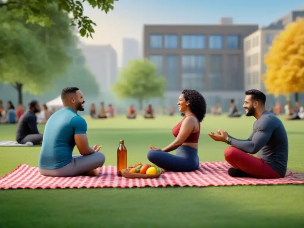Picnic multicultural en parque verde: unión y diversión Un parque vibrante y moderno donde diversas familias disfrutan de un picnic, reflejando comunidades inclusivas mercado inmobiliario