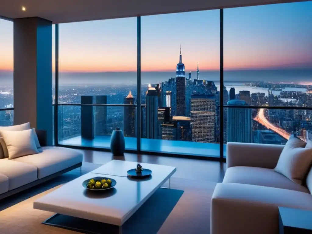 Penthouse de lujo en rascacielos: diseño moderno y vistas panorámicas Un penthouse de lujo en una ciudad vibrante, con ventanales y terraza moderna, vistas panorámicas nocturnas
