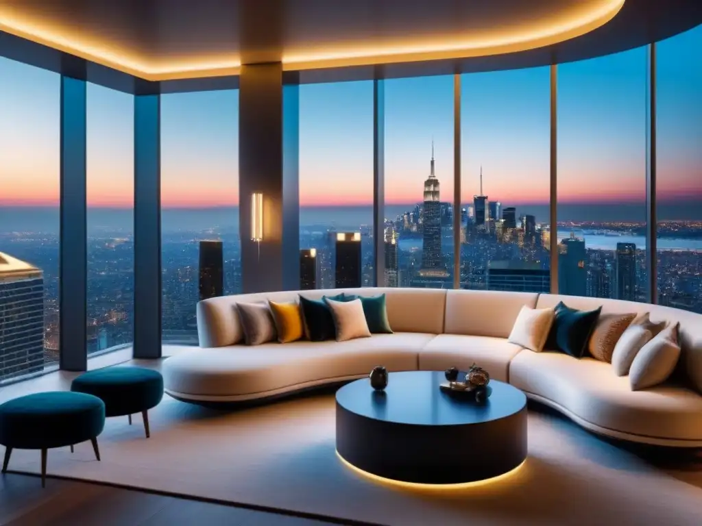 Penthouse de lujo con vista panorámica nocturna en ciudad Penthouse de lujo en ciudad: moderna decoración con vista panorámica nocturna y tecnología integrada