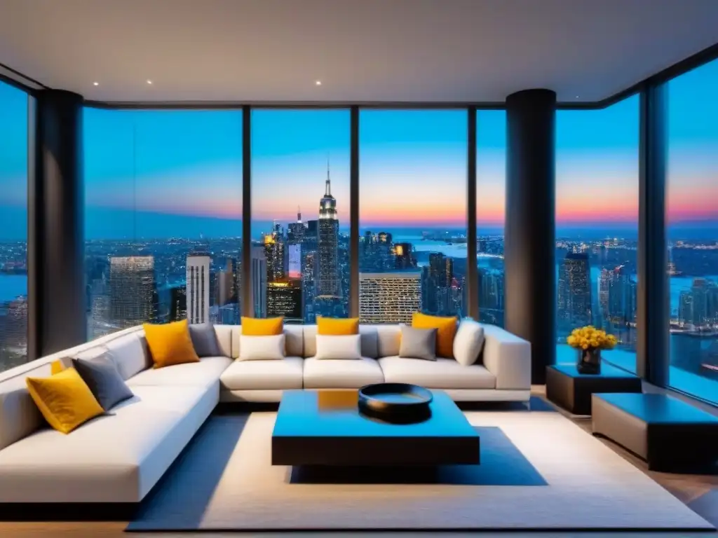 Penthouse de lujo en la ciudad: vistas panorámicas al atardecer Penthouse de lujo en la ciudad con vistas panorámicas al atardecer y diseño elegante
