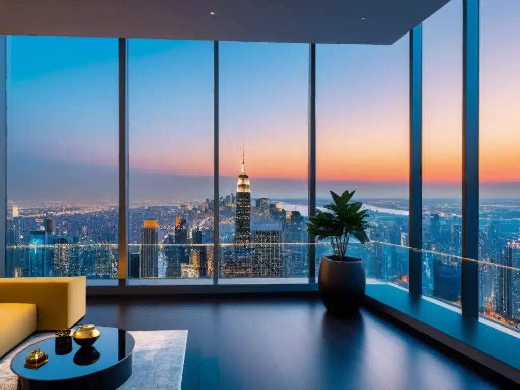 Penthouse de lujo con vista panorámica y tecnología de vanguardia Un penthouse de lujo con diseño contemporáneo, tecnología Blockchain y vistas impresionantes de la ciudad al atardecer