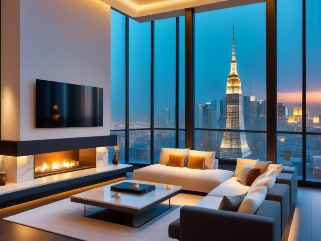 Penthouse de lujo con vista panorámica en ciudad vibrante Un penthouse de lujo moderno con vistas a la ciudad desde una ventana de cristal de piso a techo