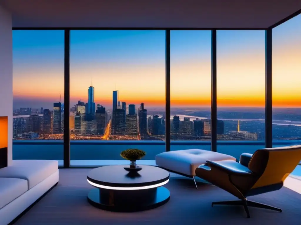 Penthouse de lujo con vista panorámica en ciudad futurista Un penthouse de lujo ultramoderno con tecnología en propiedades de lujo, diseño minimalista y vistas panorámicas al atardecer de la ciudad