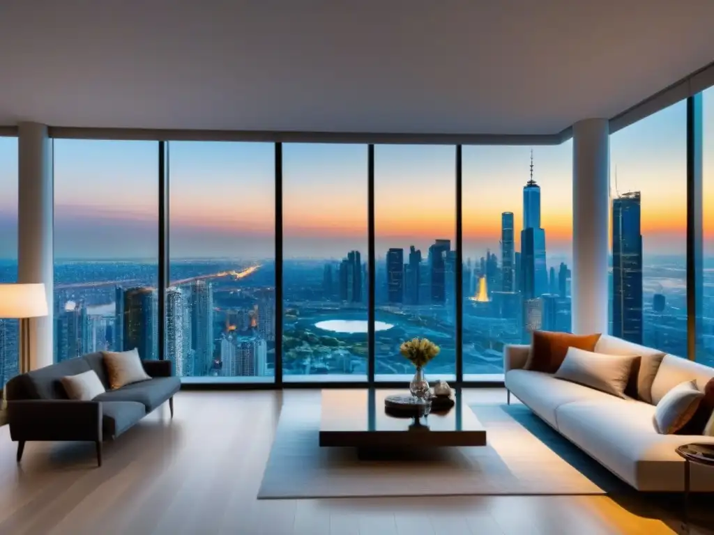Ático de lujo con vistas a la ciudad: sofisticación y elegancia urbana Un penthouse de lujo con vista a la ciudad, muebles modernos y terraza espaciosa