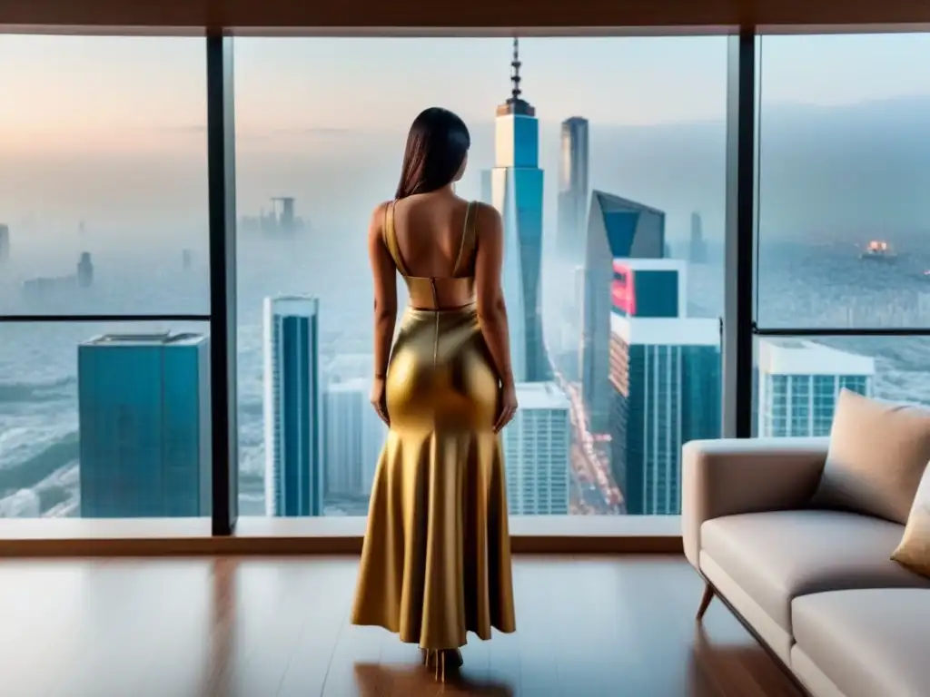 Espléndido penthouse moderno con vista panorámica en metrópoli asiática Un penthouse de lujo con vista a la ciudad asiática, diseño elegante y detalles en oro y mármol