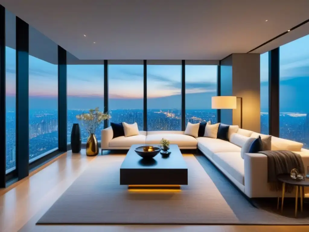 Penthouse de lujo con vistas a la ciudad: elegancia contemporánea Un penthouse de lujo con vista a una ciudad vibrante de noche, ideal para inversionistas globales mercado inmobiliario internacional