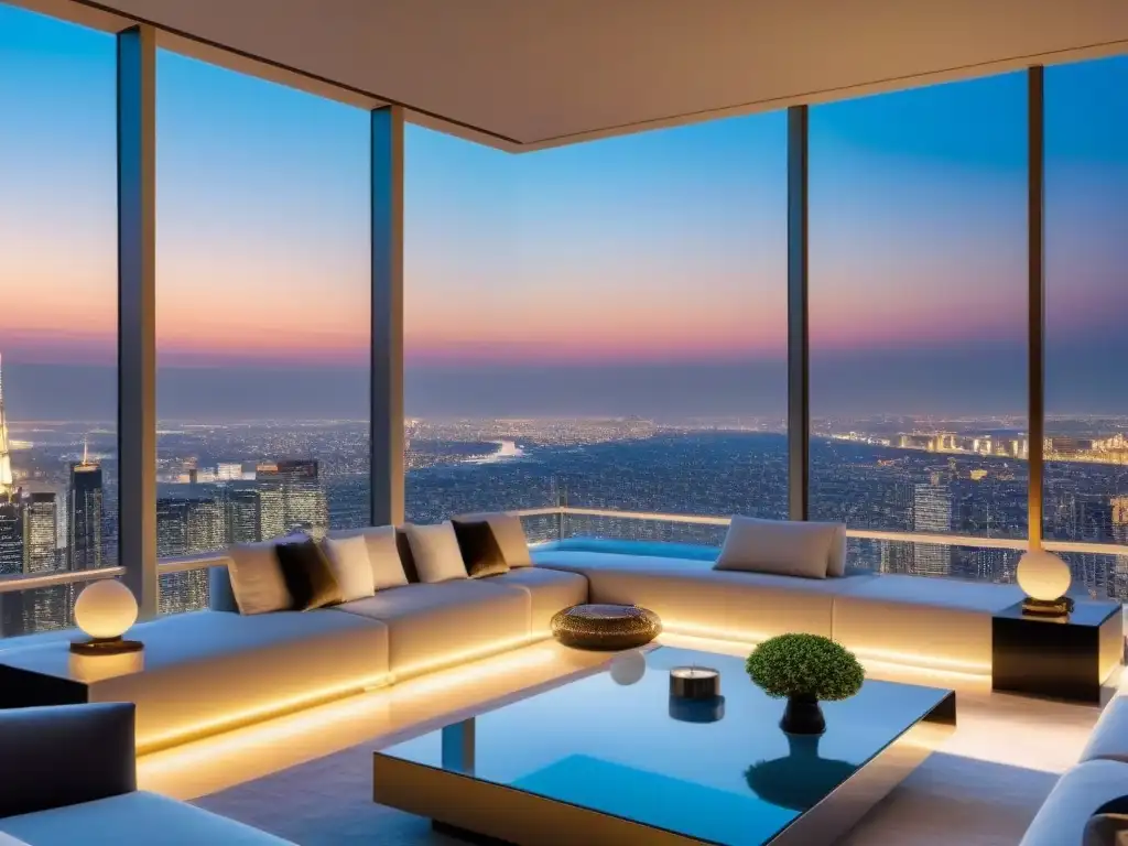 Penthouse de lujo con vista urbana al atardecer Un penthouse de lujo con vista a una ciudad vibrante al atardecer, ventanales, muebles contemporáneos y terraza privada con vista panorámica
