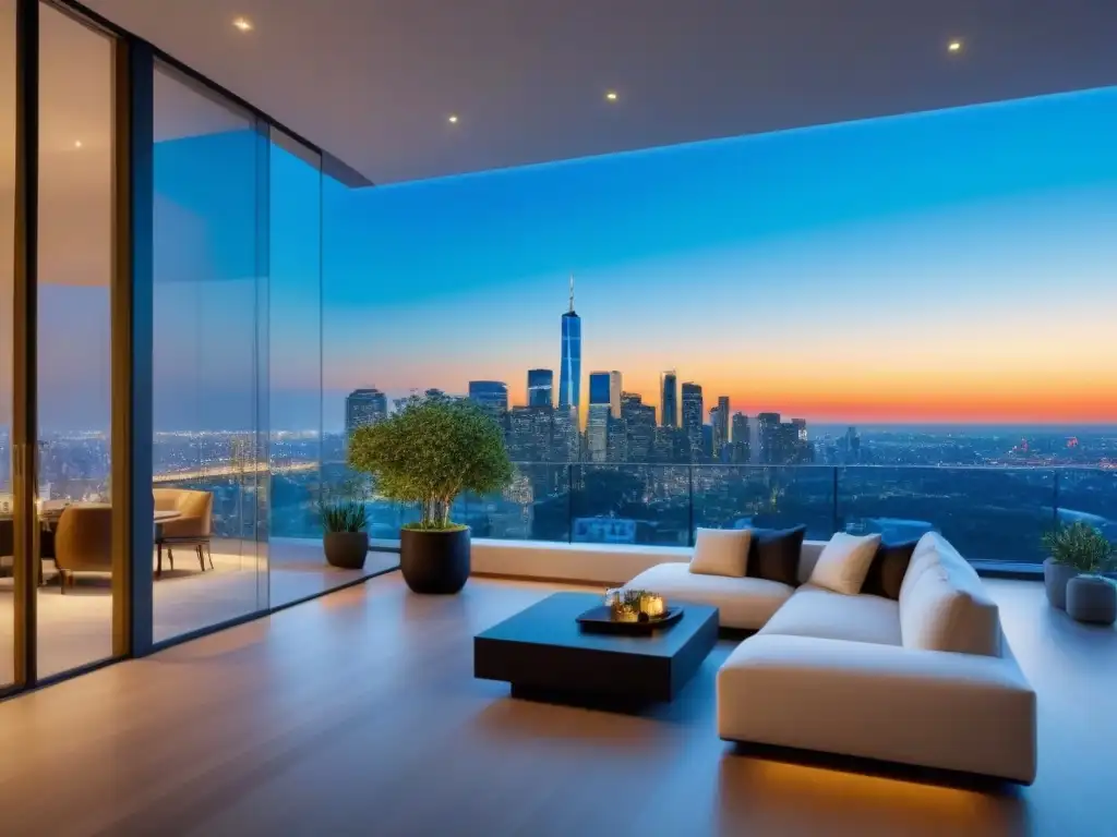 Penthouse de lujo con vista panorámica a la ciudad al atardecer Un penthouse de lujo con vista a la ciudad al atardecer, diseño elegante y terraza verde